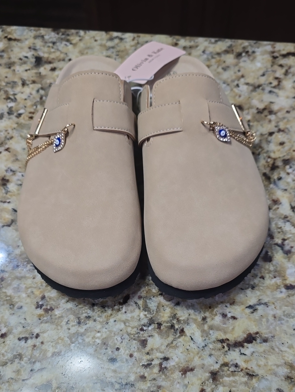 Olivia & Kate Beige Slip-On Mule with Decorative Chain